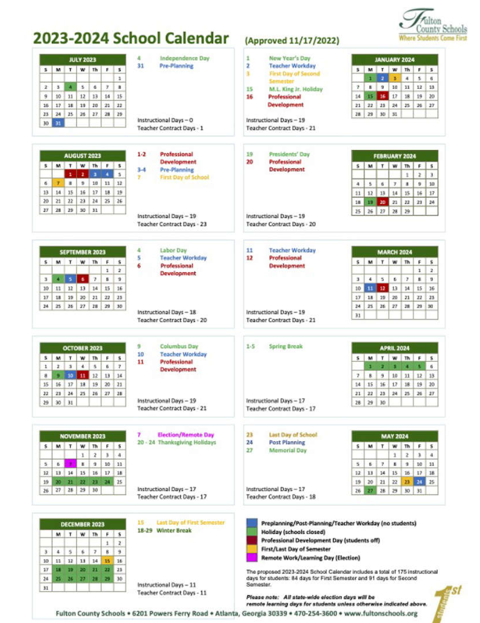 The 2023-2024 Fulton County Schools calendar can be found on the district’s website, fultonschools.org.